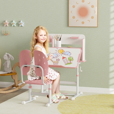 Qaba Adjustable Height Kids Desk and Chair Set, Kids Study Table and Chair with Tilt Desktop, Drawer, Reading Rack, Pink