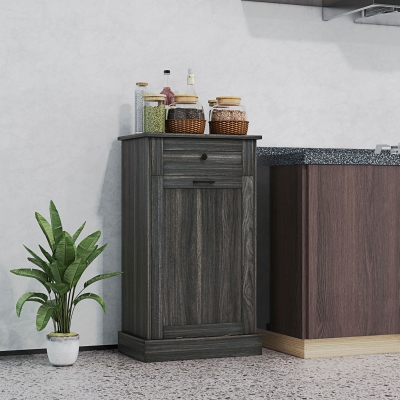 HOMCOM Kitchen Tilt Out Trash Bin Cabinet, Free Standing Recycling Cabinet, Trash Can Holder with Drawer, Charcoal Grey