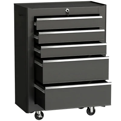 HOMCOM 5-Drawer Rolling Tool Cabinet on Wheels, Lockable Tool Chest, Tool Organizer for Garage, Factory and Workshop, Black