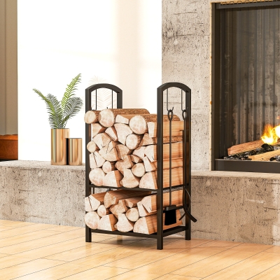 Outsunny 2-Tier Firewood Log Rack with 4 Tools, Fireplace Wood Storage Holder with Shovel, Broom, Poker, Tongs and Hooks, Black