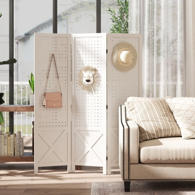 HOMCOM 56.9" 3 Panel Wooden Room Divider with Pegboard Display, Folding Privacy Screen for Home Office, White