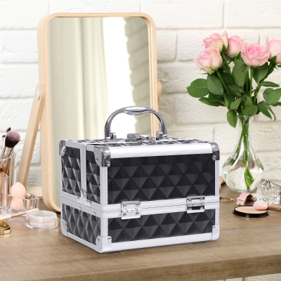 HOMCOM 3 Tier Diamond Texture Makeup Train Case Cosmetic Organizer with Mirror, Black