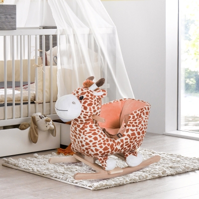 Qaba Wooden Plush Children Kids Rocking Horse Chair for Toddlers with Sound and Safety Belt, Giraffe Theme
