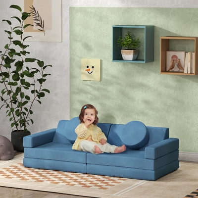 Qaba 12-Piece Modular Kids Play Couch Building Fort for Playroom Bedroom, Convertible Kids Sofa, Blue