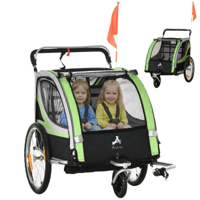 Aosom 2 Seat Bike Trailer for Kids 2-in-1 Double Baby Stroller with Handbrake, Rubber Wheels, 5 Point Harness, Waterproof Cover, Storage Bag, Reflectors, Green