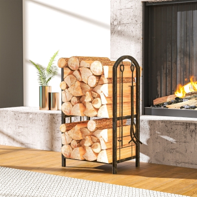 Outsunny 2-Tier Outdoor Firewood Rack with 4 Fireplace Tools, 220 lbs Capacity Metal Log Holder for Fireplace, Coffee Brown