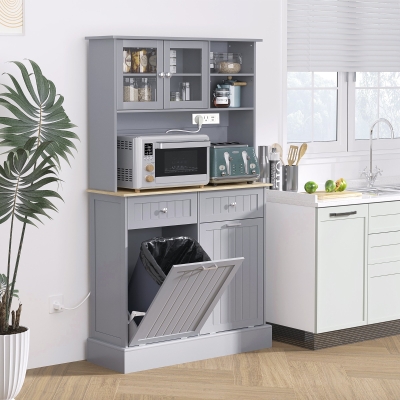 HOMCOM Kitchen Cabinet with Charging Station, 2 Tilt Out Cabinets, Microwave Stand, Freestanding Kitchen Pantry Cabinet, Grey