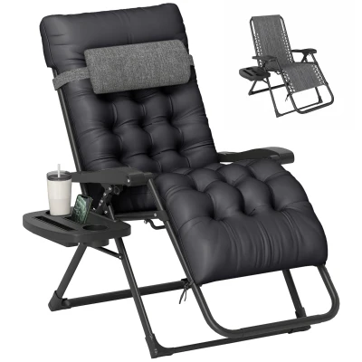 Outsunny Padded Folding Recliner Chair, Patio Lounger with Cupholder, Adjustable Backrest, Removable Cushion, Black