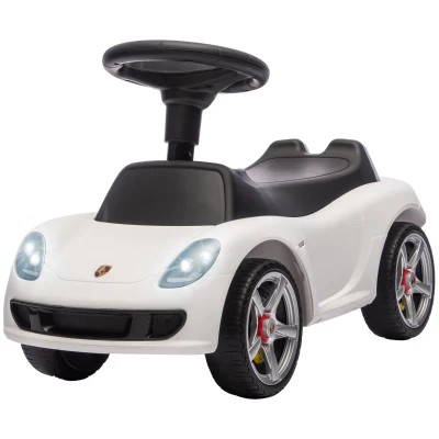 Qaba Toddler Push Car with Horn, Lights, Start-Up Sound, Ride on Car with Steering Wheel, Foot Rest, for 18-36 Months, White