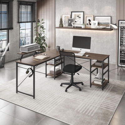 Industrial L-Shaped Desk with Raised Monitor Stand and Open Shelves, 59" L x 59" W x 35" H, Walnut