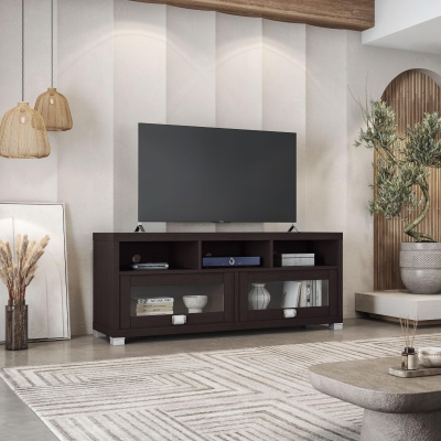 Sleek Durbin TV Stand with Glass Panel Cabinets and Cable Management, 57" L x 15" W x 23" H, Espresso