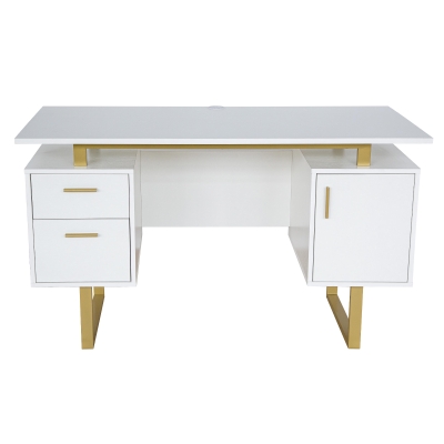 Modern White Desk with 2 Storage Drawers and Cabinet, 51" L x 23.5" W x 30" H, White