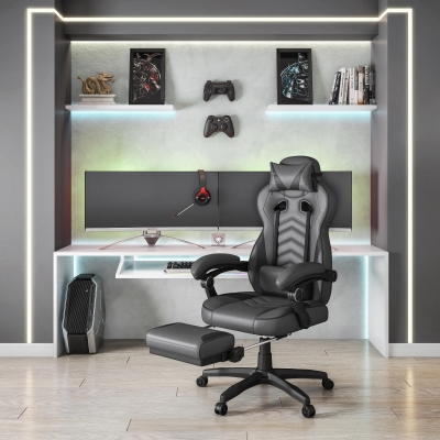 Comforting Executive Chair with Extending Footrest and Headrest Pillow, 28″ L x 27″ W x 48.5″ H, Gray