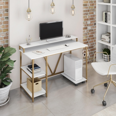 Industrial Writing Desk with Elevated Hutch Shelf and CPU Caddy, 46.5" L x 19" W x 34" H, Gold