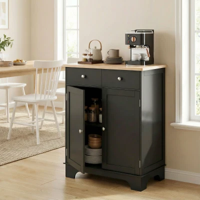 HOMCOM Kitchen Storage Cabinet, Black, Solid Wood Top, 2 Drawers