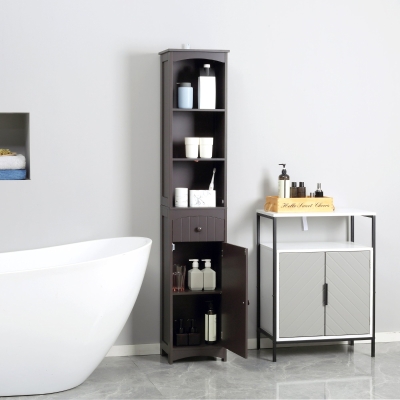 HOMCOM Tall Bathroom Cabinet Storage Organizer, Linen Tower with Shelves and Drawer
