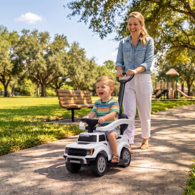Qaba 3 In 1 Licensed Ford Kids Push Car with Push Handle, Horn, Sound, Secure Bar, Storage, for Toddlers 18-36 Months, White