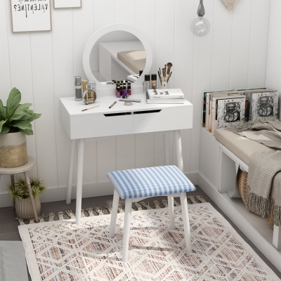 HOMCOM Makeup Vanity Desk with Round Mirror and 2 Drawers, Dressing Table with Cushioned Stool Set for Bedroom (White)