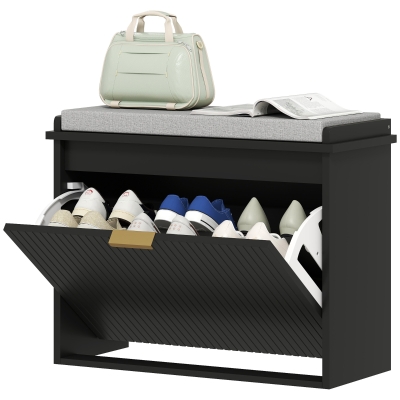 HOMCOM Shoe Storage Bench with Cushion and Flip-Drawer, Black