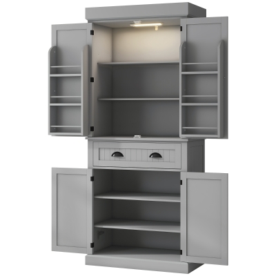 HOMCOM 71" Kitchen Pantry Cabinet w/ LED, Drawer & Adjustable Shelves, Gray