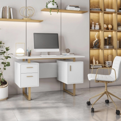Modern White Desk with 2 Storage Drawers and Cabinet, 51" L x 23.5" W x 30" H, White