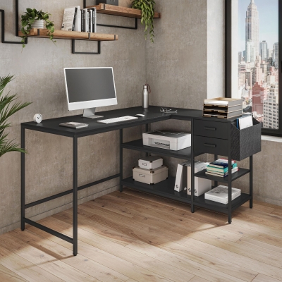 Modern L-Shaped Desk with 2 Drawers and Fabric Organizer, 55" L x 46.5" W x 29.5" H, Black