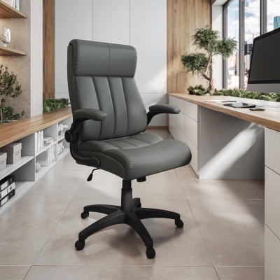 Leather Executive Chair with Ergonomic Curved Back, 28.5" L x 28" W x 44.5" H, Gray