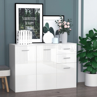HOMCOM High Gloss Sideboard with 2 Drawers and 3 Doors, Buffet Cabinet with Adjustable Shelf, Coffee Bar Cabinet with Storage, White