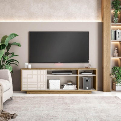 Contemporary Floating TV Stand with Patterned Cabinet Door, 63" L x 14" W x 21" H, Oak Natural Wood+Antique White