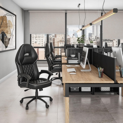 Racer-style Chair with Flip-Up Arms and TechniFlex Upholstery, 25.5″ L x 27.5″ W x 47.5″ H, Black