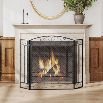 HOMCOM 3-Panel Folding Fireplace Screen, Steel Mesh Fire Spark Guard Cover with Decorative Vine Pattern for Living Room Indoor Decor, 41.25" x 31.75", Black