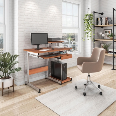 Practical Computer Desk with Slide-Out Keyboard Tray and Elevated Shelf, 38″ L x 22″ W x 35″ H, Brown