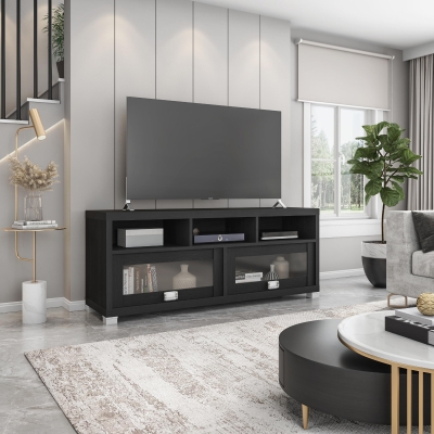 Sleek Durbin TV Stand with Glass Panel Cabinets and Cable Management, 57" L x 15" W x 23" H, Black