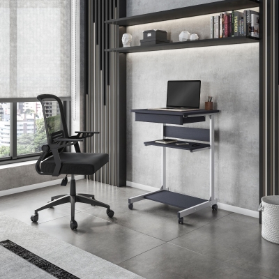 Heavy-Duty Laptop Cart with Single Drawer and Open Shelf, 21.5" L x 20.5" W x 30" H, Black