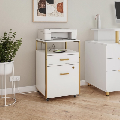 Modern File Cabinet with 2 USB and Power Outlet Port, 15.5" L x 15.5" W x 26" H, White+Gold