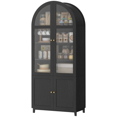 HOMCOM Arched Kitchen Pantry Cabinet, 71" Tall Farmhouse Kitchen Storage Cabinet with Acrylic Glass Doors, Black