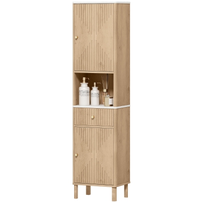 HOMCOM 66" Tall Bathroom Cabinet, Freestanding Slim Bathroom Storage Cabinet with Silent-Glide Drawer, Adjustable Shelves, Oak