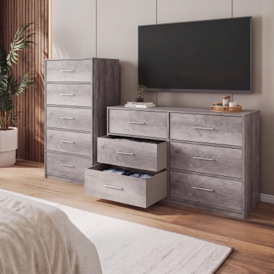 Spacious 5-Drawer Fabric Dresser with Wooden Top, 22.5" L x 15.5" W x 43" H, Gray