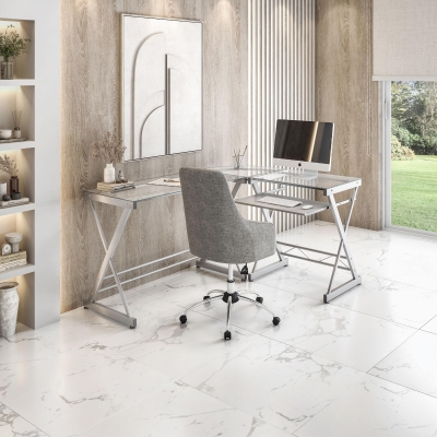 Sleek L-Shaped Computer Desk with Tempered Glass Top, 61.5" L x 45" W x 29.5" H, Clear