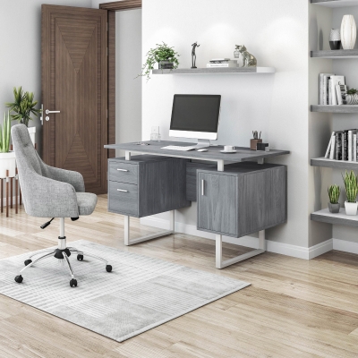 Modern White Desk with 2 Storage Drawers and Cabinet, 51" L x 23.5" W x 30" H, Grey