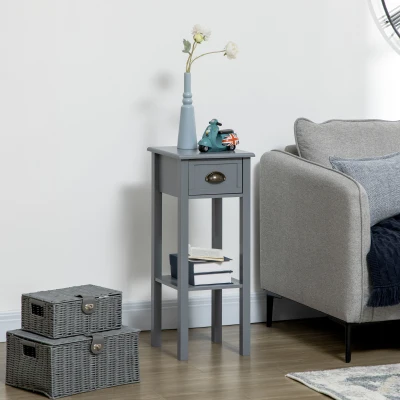 HOMCOM 2-Tier Nightstand Set, Drawer & Shelf, Gray, Bedroom/Living Room