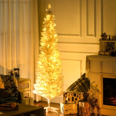 HOMCOM 6' Pre Lit Artificial Pencil Christmas Trees, Xmas Tree with Realistic Branches and Warm White LED Lights, White