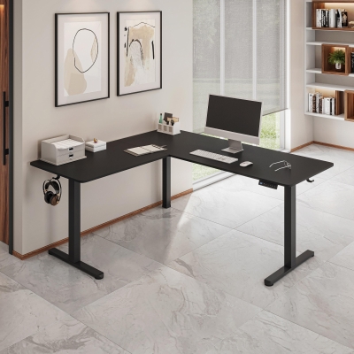 Sleek L-Shaped Standing Desk with 3 Memory Presets and Hooks, 63'' L x 55'' W x 28'' H, Black