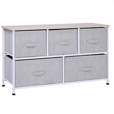 HOMCOM Linen Drawer Cabinet Organizer Storage Dresser Tower with 5 Removable Drawer Metal Frame Adjustable Feet for Living Room, Kitchen, Bathroom, Grey