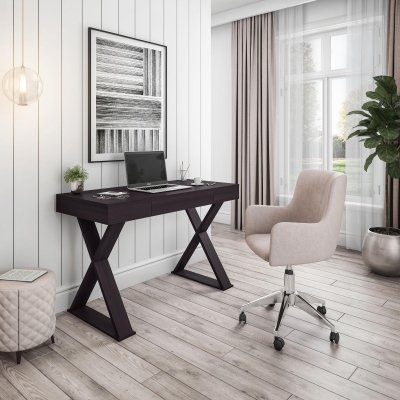 Trendy Writing Desk with Center Storage Drawer and X-Shaped Legs, 47" L x 22" W x 30" H, Espresso