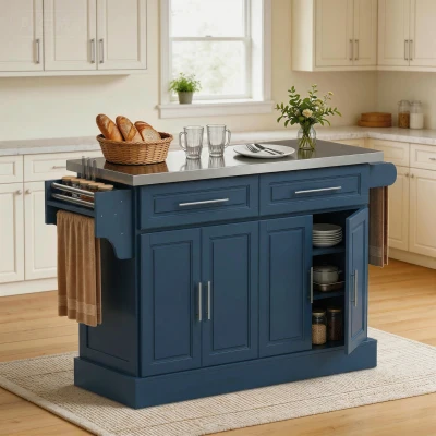 HOMCOM Rolling Kitchen Island, Stainless Steel Top, Navy Blue