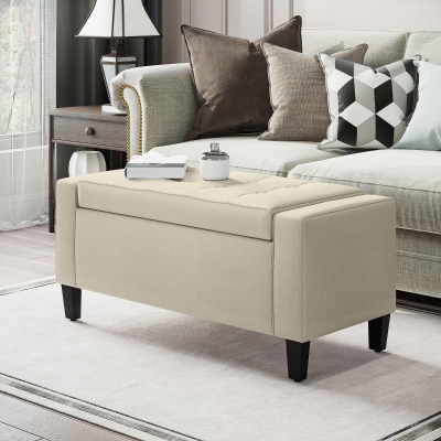 HOMCOM 36" Storage Ottoman Bench, Linen-Look Fabric End of Bed Bench with Solid Wood Frame and Legs, Tufted Storage Chest, Footrest for Living Room, Bedroom, Entryway, Beige