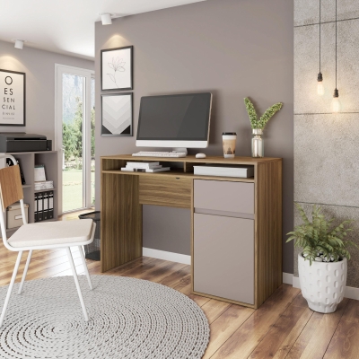 Warm Home Office Workstation with Storage Cabinet and Shelves, 43.5" L x 17.5" W x 29" H, Walnut