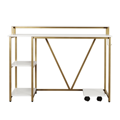 Industrial Writing Desk with Elevated Hutch Shelf and CPU Caddy, 46.5" L x 19" W x 34" H, Gold