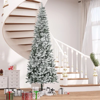 HOMCOM 9ft Slim Snow-Flocked Pine Christmas Tree, 1084 Tips
